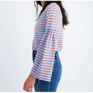 MADEWELL Women's Shirred Sleeve Sailor Top Large Lavender Rust Striped Cotton